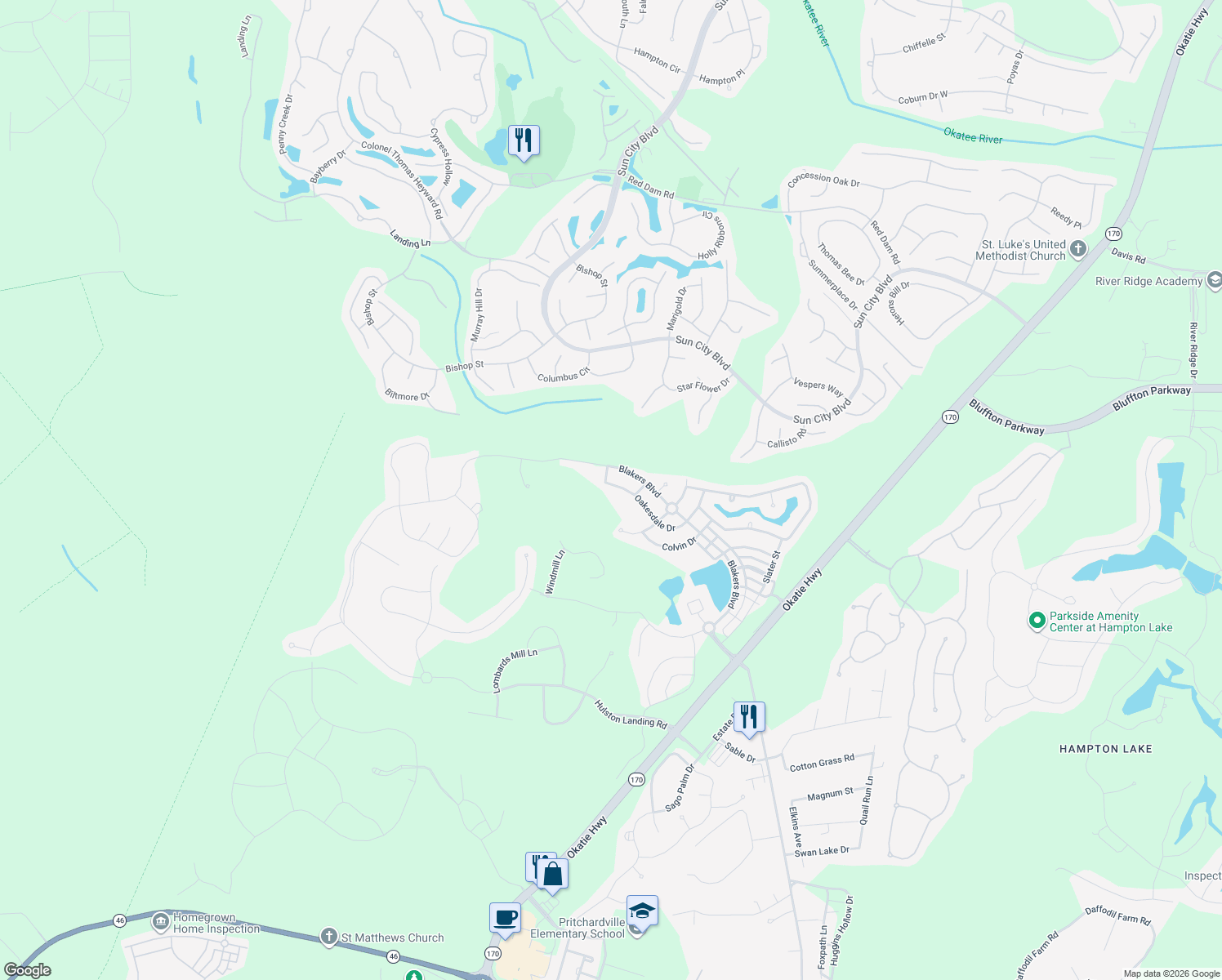 map of restaurants, bars, coffee shops, grocery stores, and more near 122 Oakesdale Drive in Bluffton