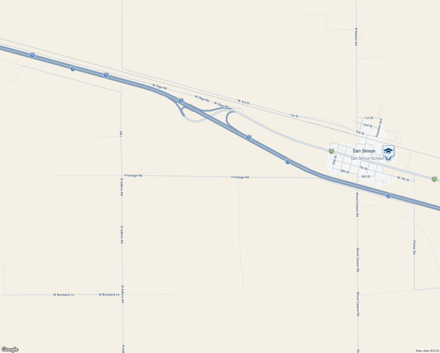 map of restaurants, bars, coffee shops, grocery stores, and more near Frontage Road in San Simon