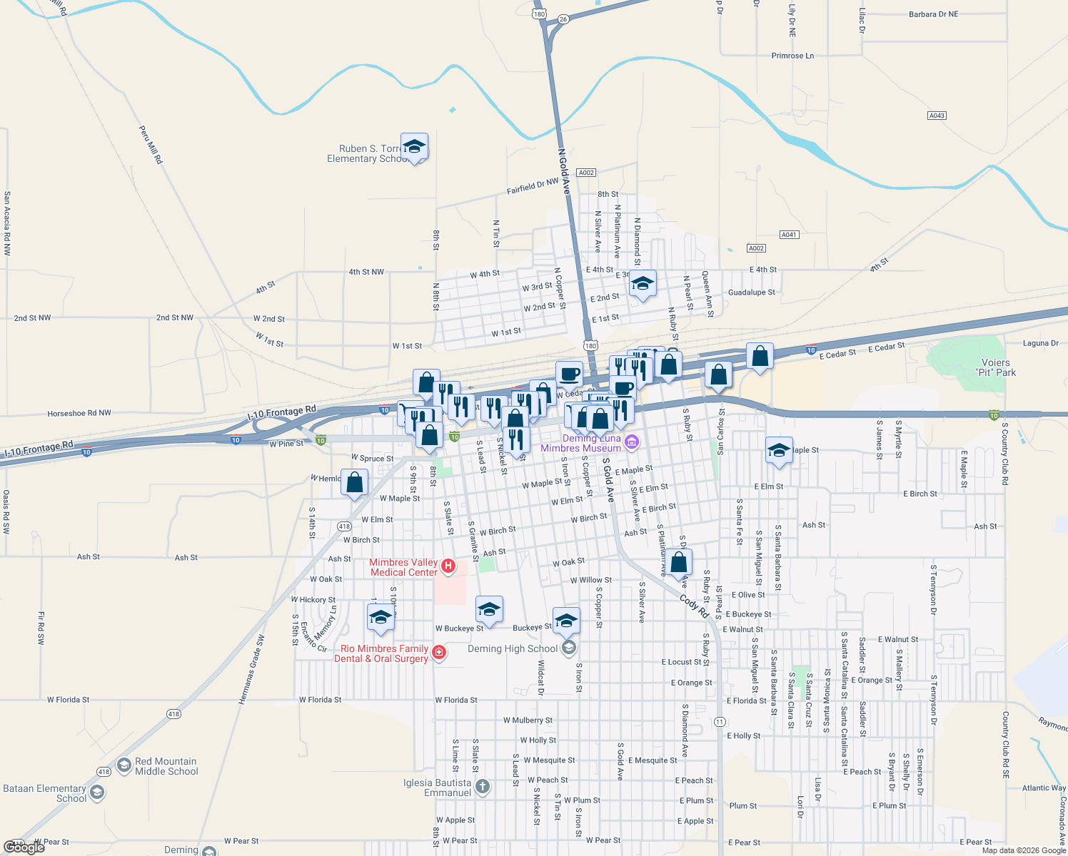 map of restaurants, bars, coffee shops, grocery stores, and more near 400 W Pine St in Deming