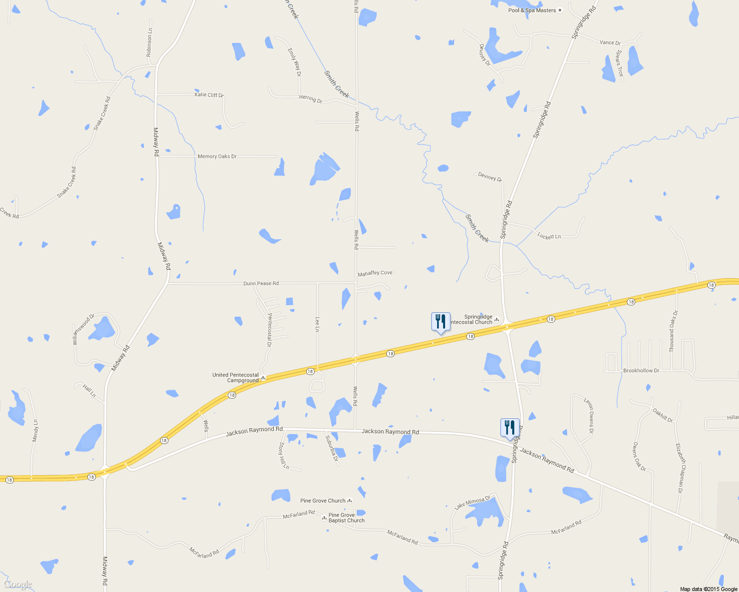 map of restaurants, bars, coffee shops, grocery stores, and more near 3070 Wells Road in Raymond