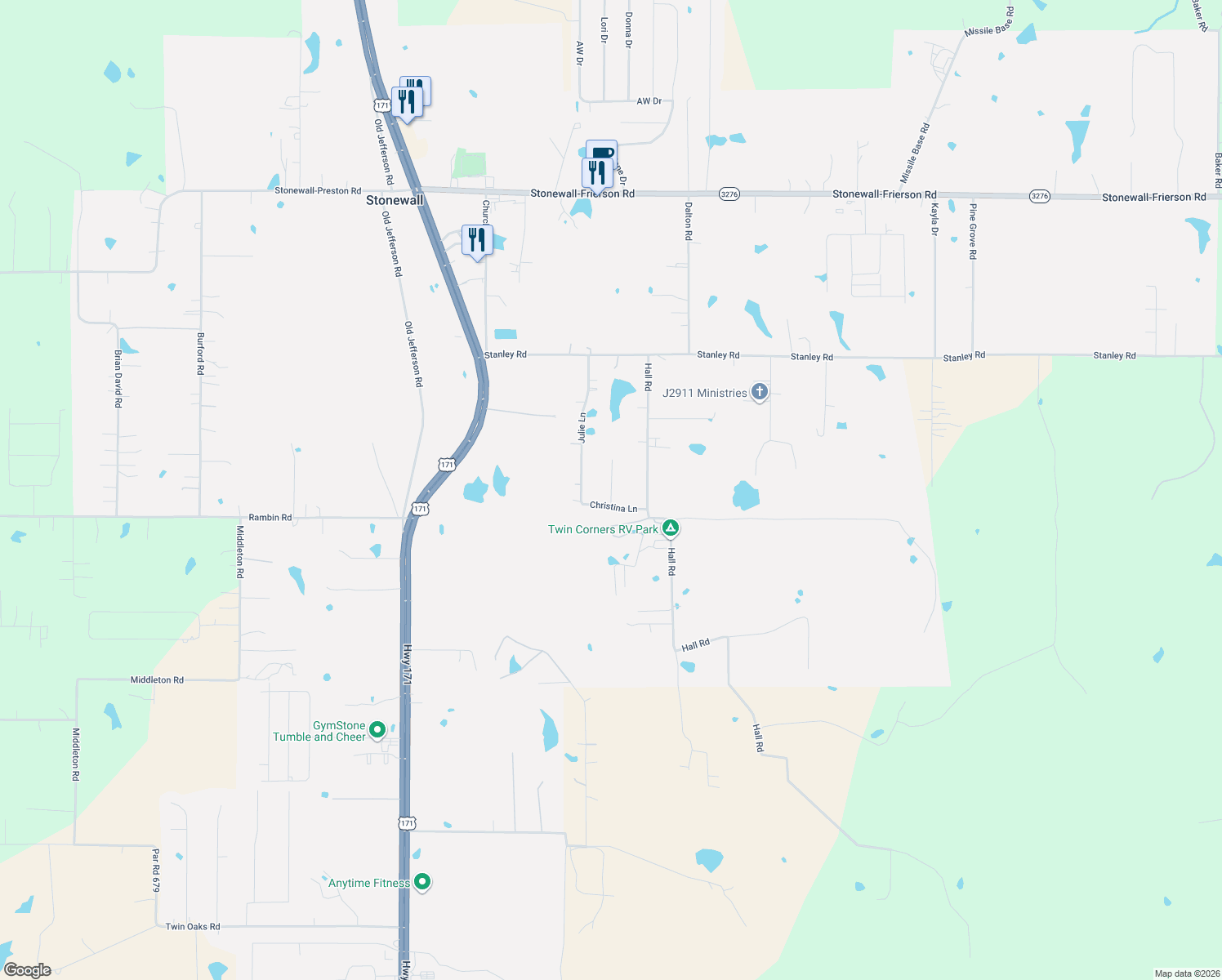 map of restaurants, bars, coffee shops, grocery stores, and more near Hunter Lee Lane in Stonewall