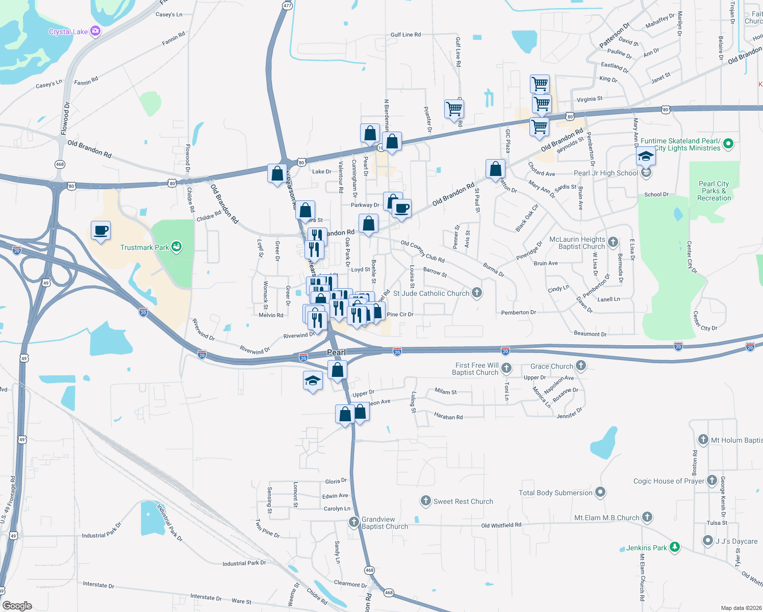 map of restaurants, bars, coffee shops, grocery stores, and more near 304 Lionel Rd in Pearl