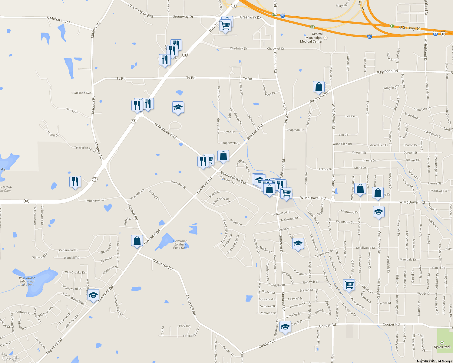 map of restaurants, bars, coffee shops, grocery stores, and more near 3035 Autumn Place South in Jackson