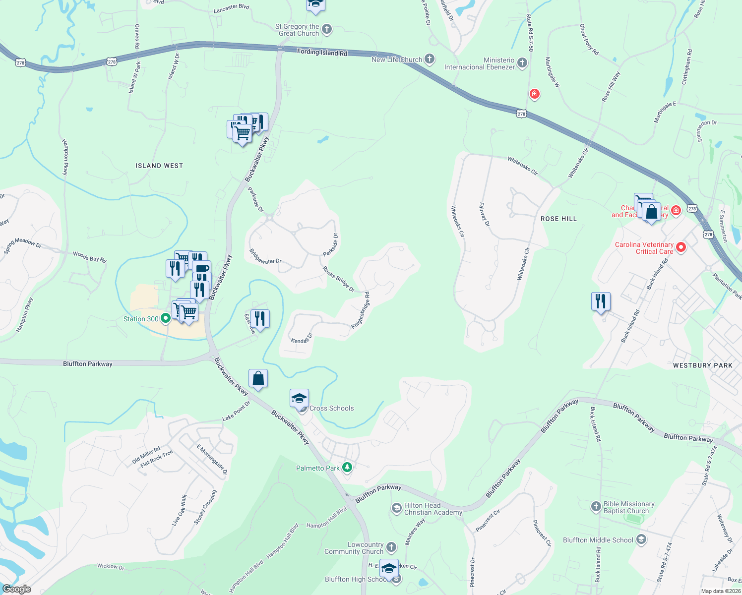 map of restaurants, bars, coffee shops, grocery stores, and more near 179 Knightsbridge Road in Bluffton