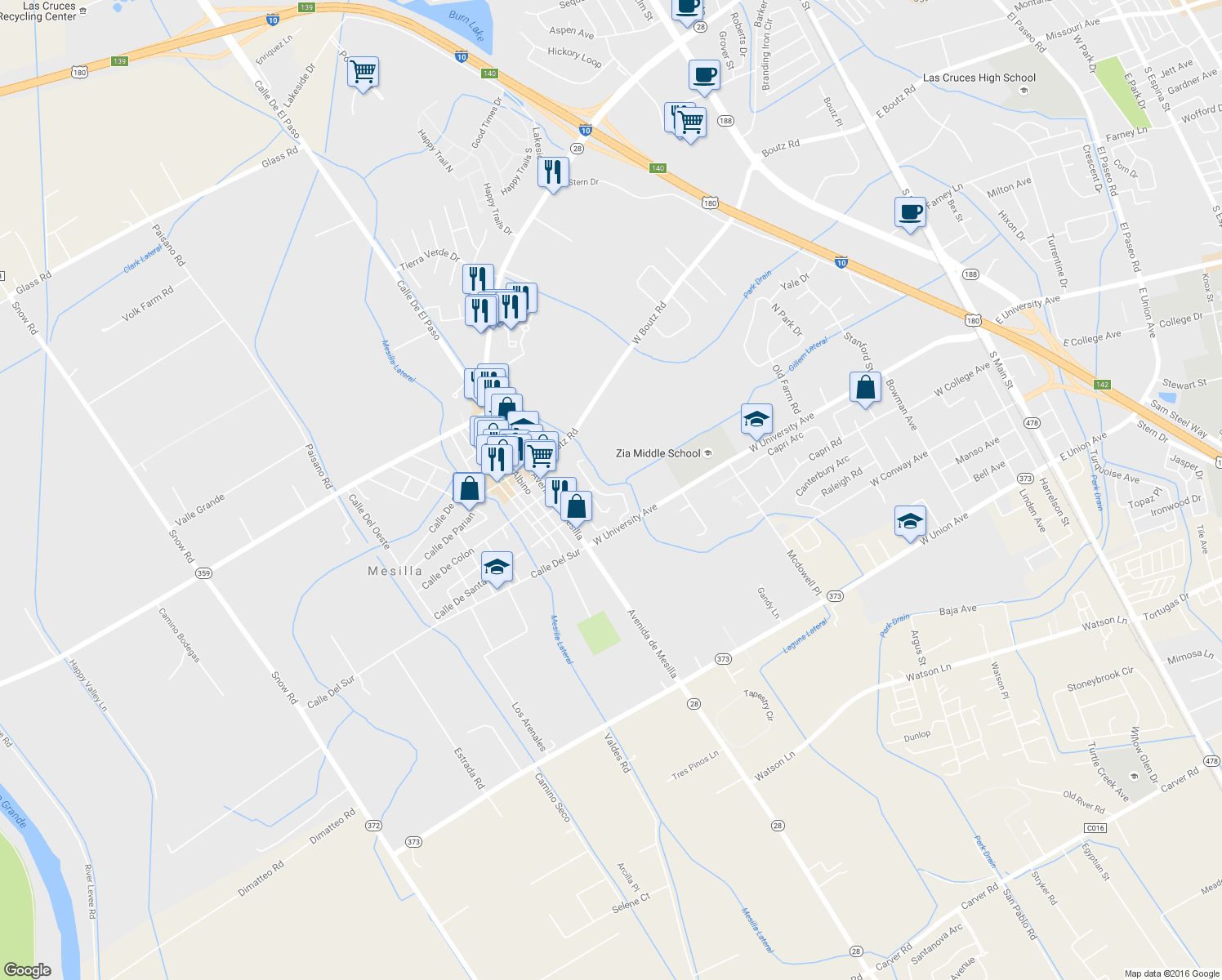 map of restaurants, bars, coffee shops, grocery stores, and more near 2795 Boldt Street in Las Cruces