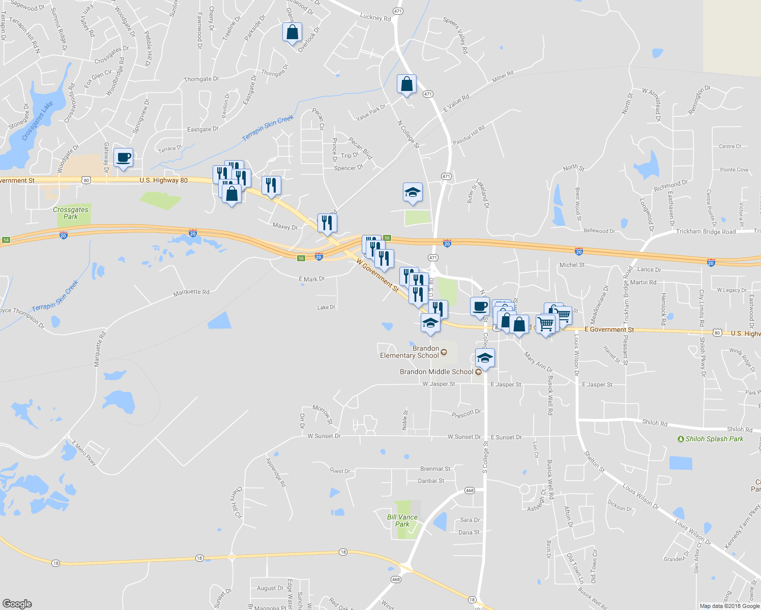 map of restaurants, bars, coffee shops, grocery stores, and more near 705 West Government Street in Brandon