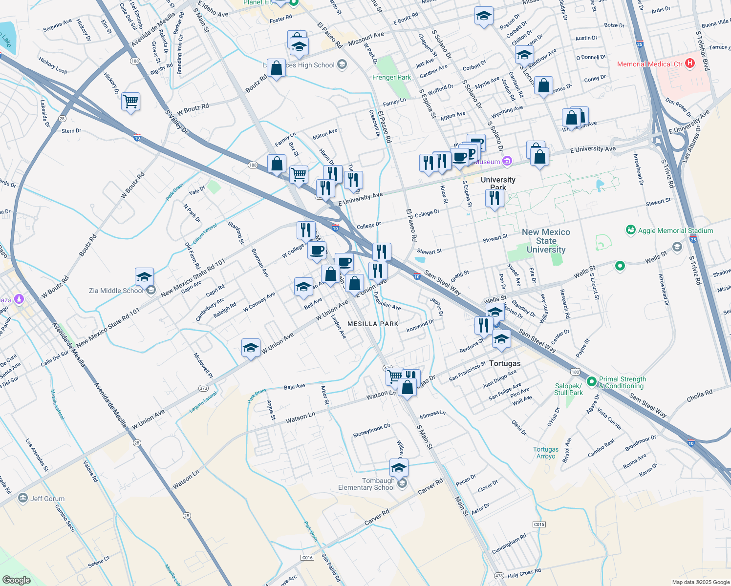 map of restaurants, bars, coffee shops, grocery stores, and more near 101 East Union Avenue in Las Cruces