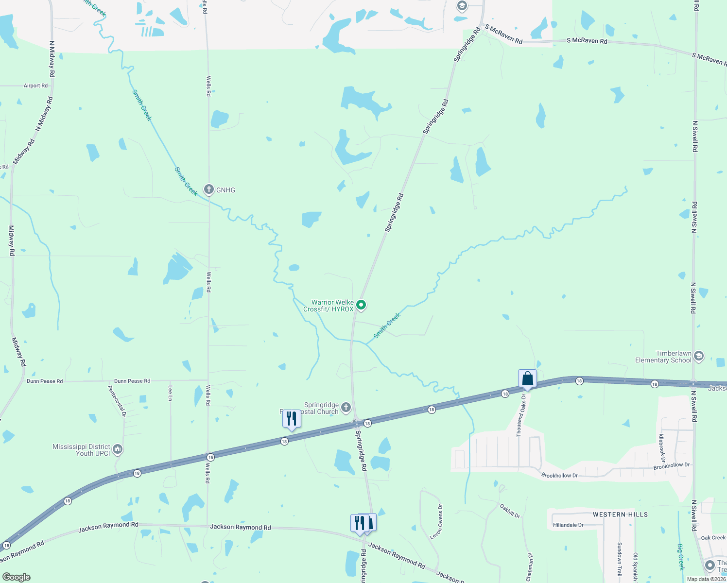 map of restaurants, bars, coffee shops, grocery stores, and more near 2801 Springridge Road in Raymond