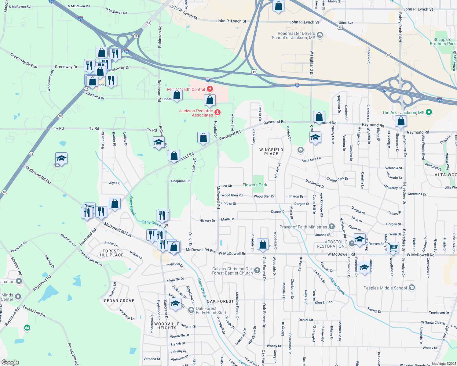 map of restaurants, bars, coffee shops, grocery stores, and more near 364 Lea Cir in Jackson
