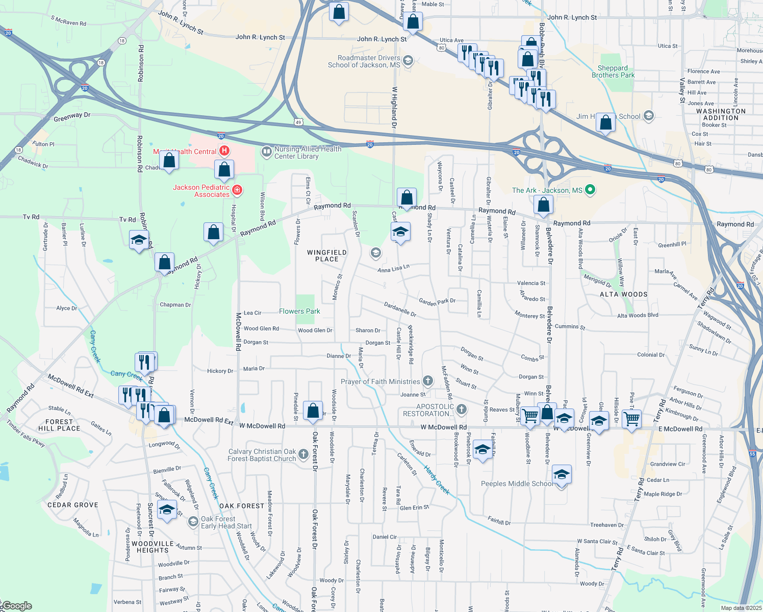map of restaurants, bars, coffee shops, grocery stores, and more near 1237 Dardanelle Drive in Jackson