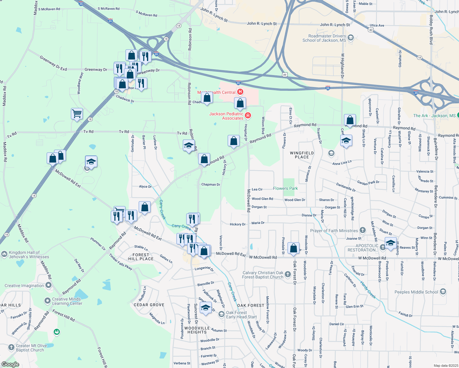 map of restaurants, bars, coffee shops, grocery stores, and more near 2190 Hickory Dr in Jackson