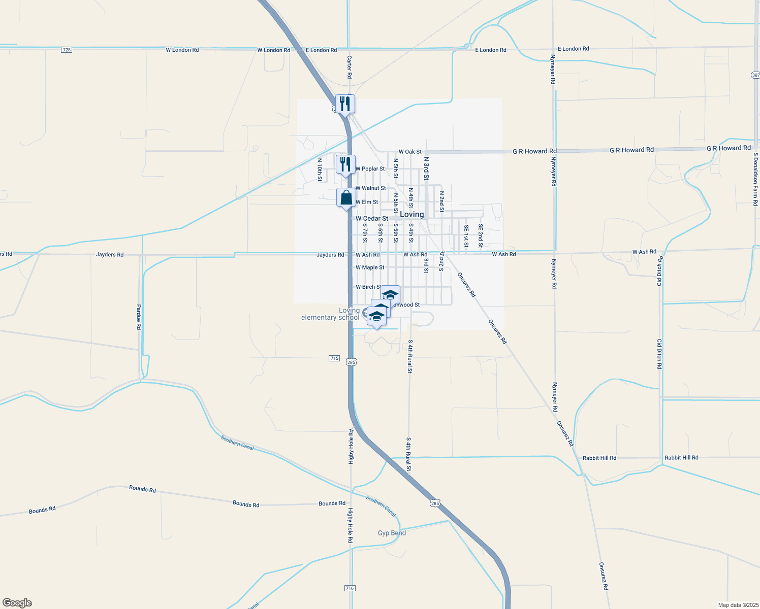 map of restaurants, bars, coffee shops, grocery stores, and more near 599 South 6th Street in Loving