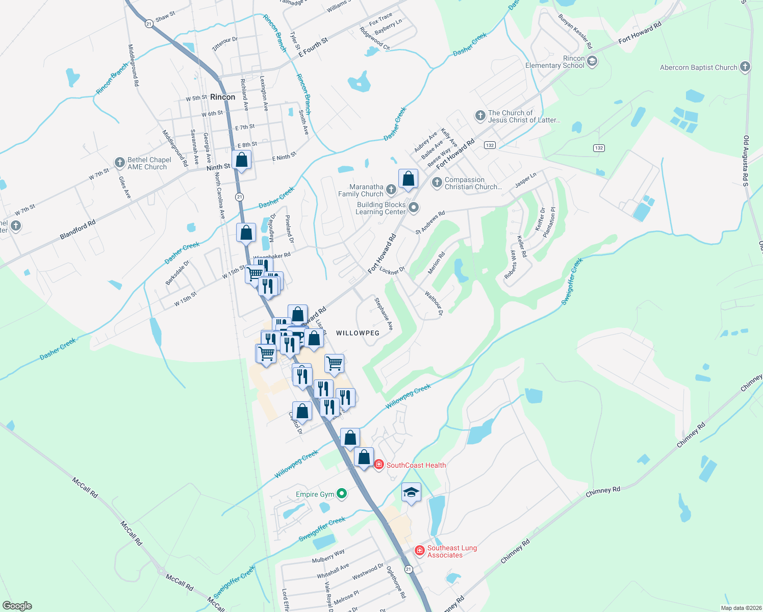 map of restaurants, bars, coffee shops, grocery stores, and more near 403 Stephanie Avenue in Rincon