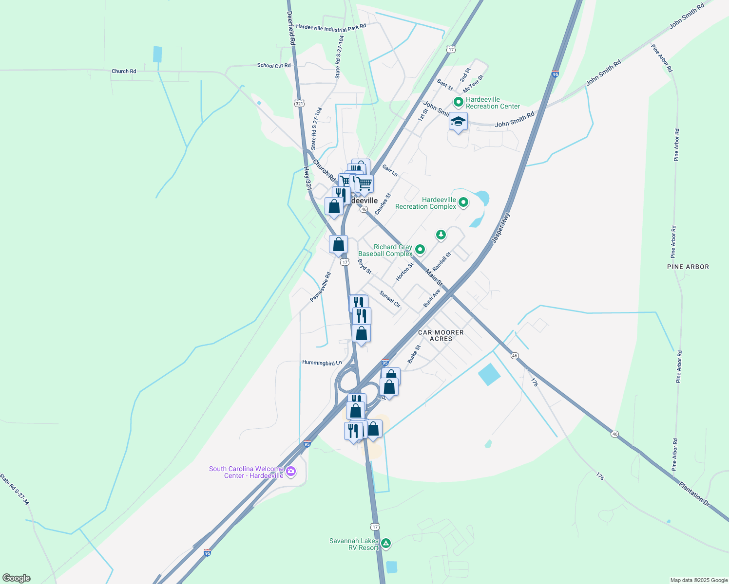 map of restaurants, bars, coffee shops, grocery stores, and more near 133 Sunset Cir in Hardeeville