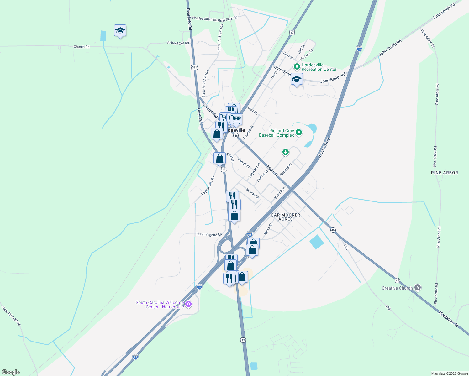 map of restaurants, bars, coffee shops, grocery stores, and more near 155 Ulman Street in Hardeeville