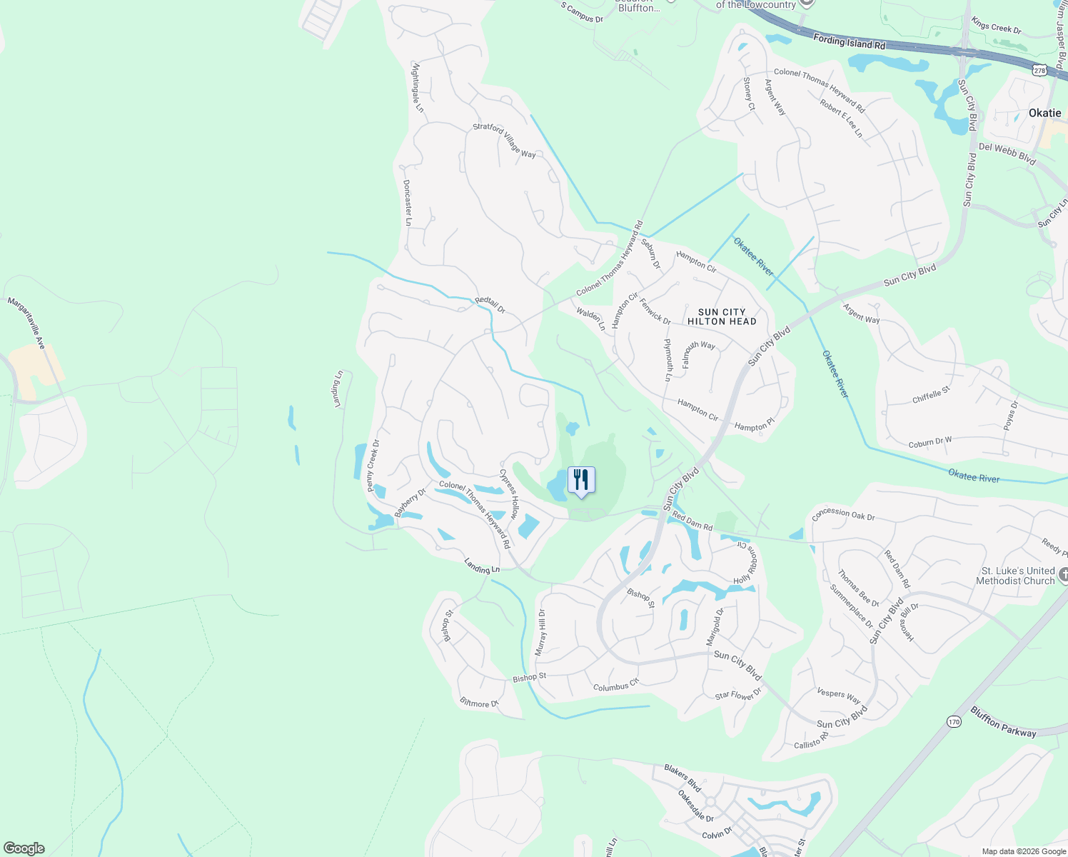 map of restaurants, bars, coffee shops, grocery stores, and more near 71 Cypress Hollow in Bluffton