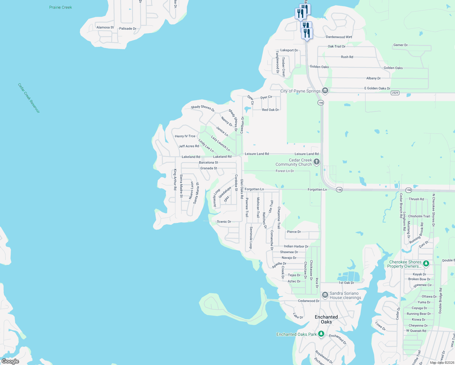 map of restaurants, bars, coffee shops, grocery stores, and more near 128 Armada Loop in Mabank