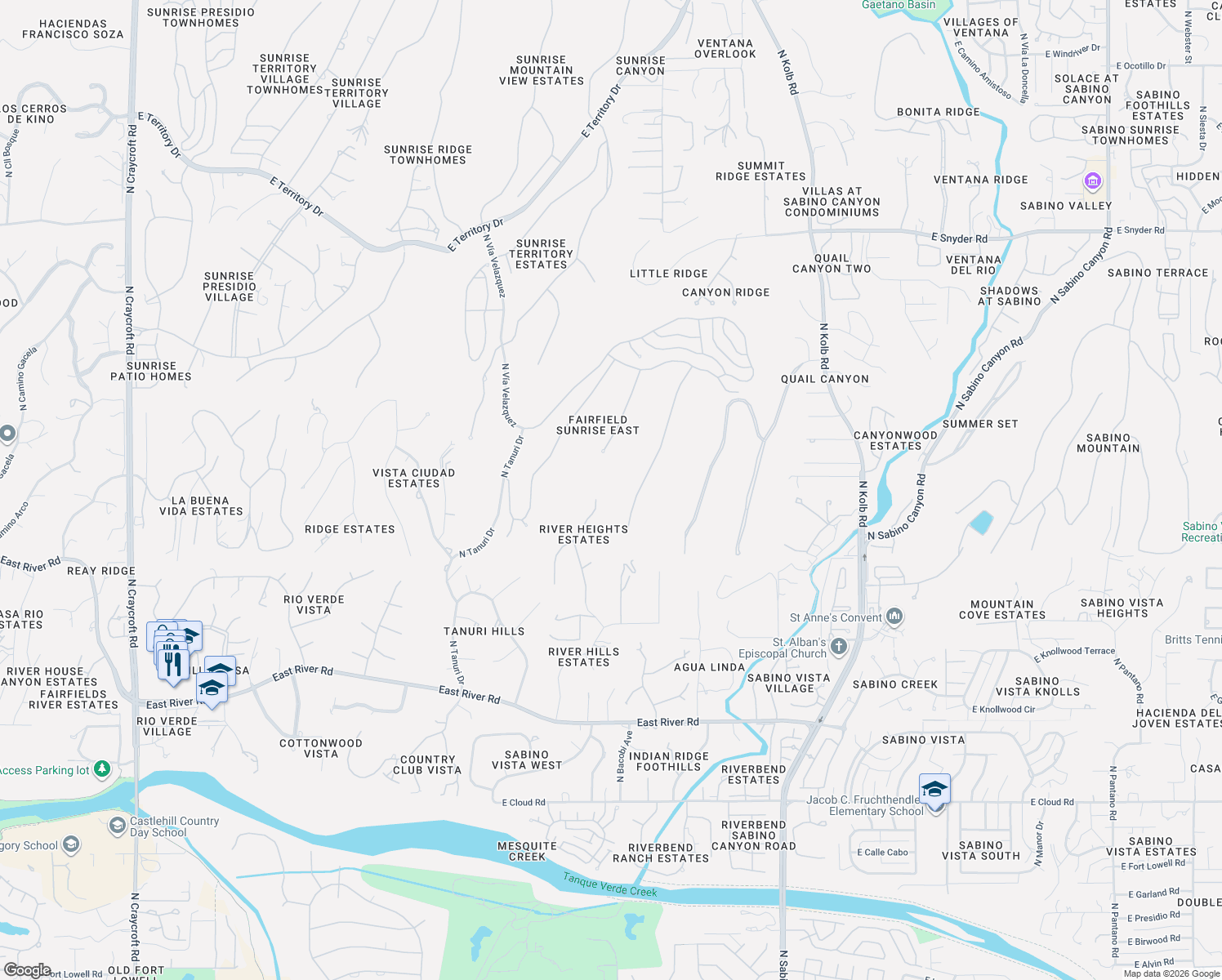 map of restaurants, bars, coffee shops, grocery stores, and more near 4144 North Lindstrom Place in Tucson