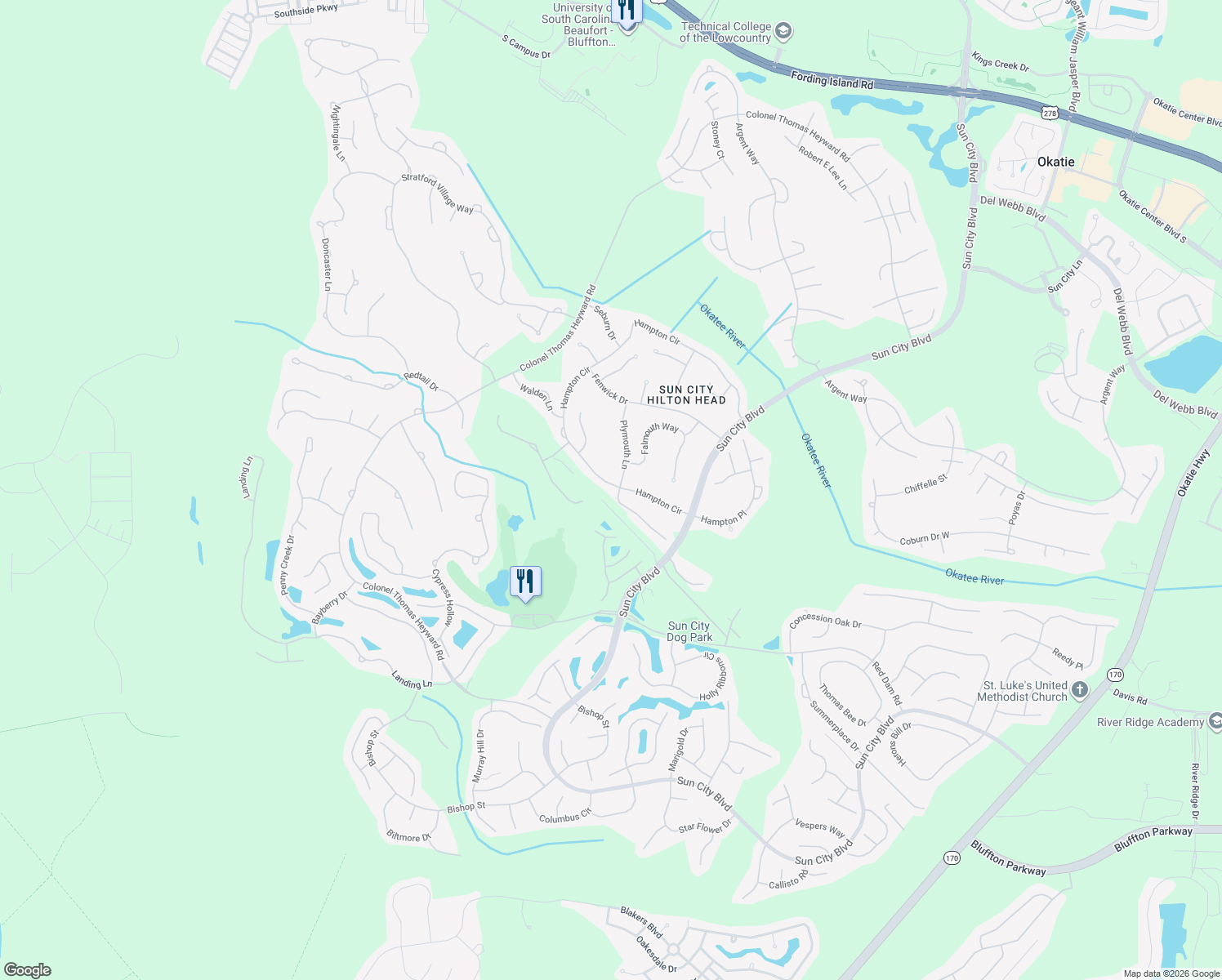 map of restaurants, bars, coffee shops, grocery stores, and more near 41 Hampton Circle in Bluffton