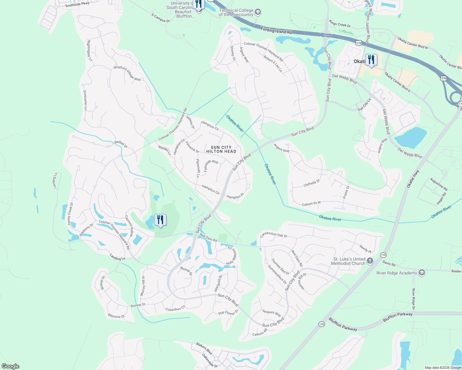 map of restaurants, bars, coffee shops, grocery stores, and more near 17 Becket Place in Bluffton