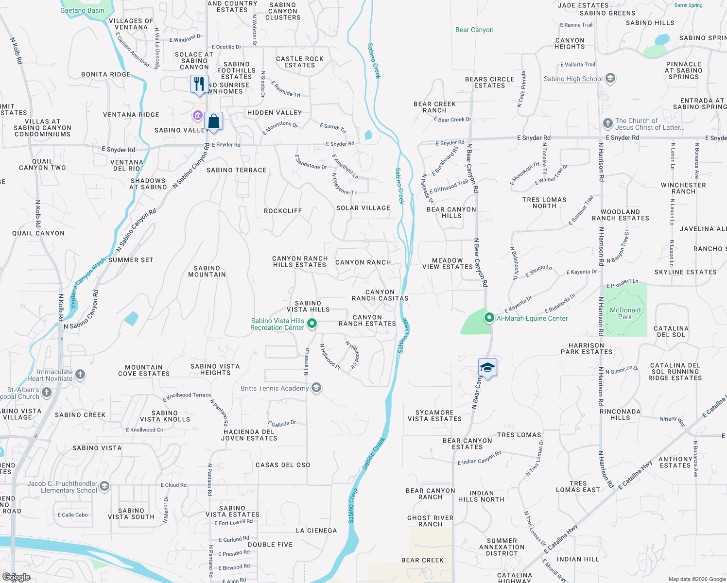map of restaurants, bars, coffee shops, grocery stores, and more near 8575 East Flower Hill Drive in Tucson