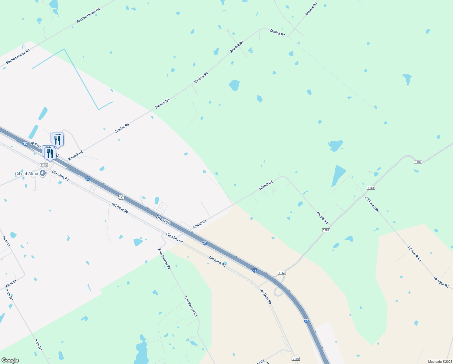 map of restaurants, bars, coffee shops, grocery stores, and more near 159 Whitfill Rd in Ennis