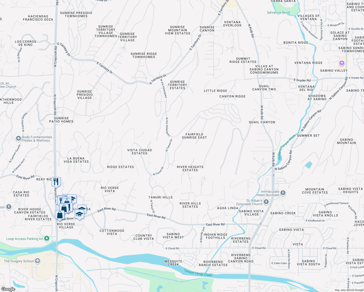 map of restaurants, bars, coffee shops, grocery stores, and more near 4250 North Camino De Carrillo in Tucson