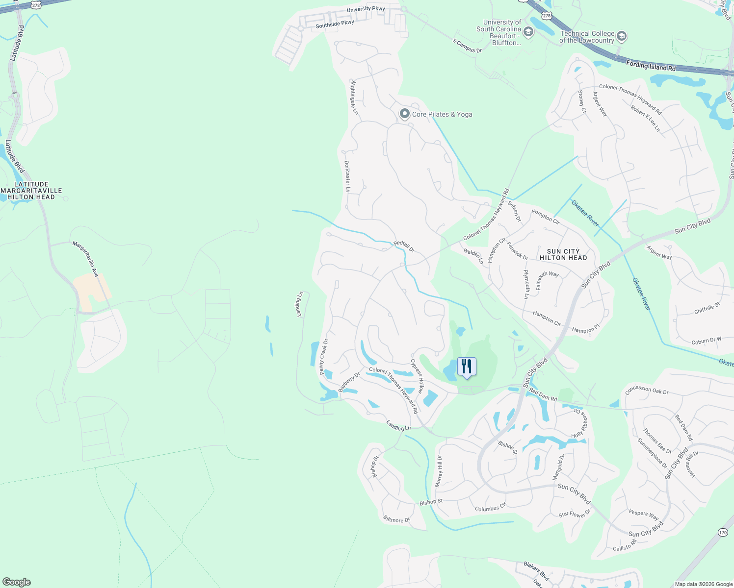 map of restaurants, bars, coffee shops, grocery stores, and more near 500 Colonel Thomas Heyward Rd in Bluffton