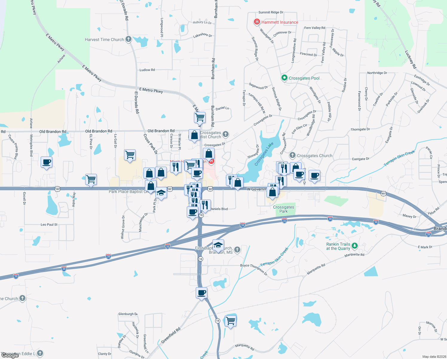 map of restaurants, bars, coffee shops, grocery stores, and more near 64 Sycamore Ln in Brandon