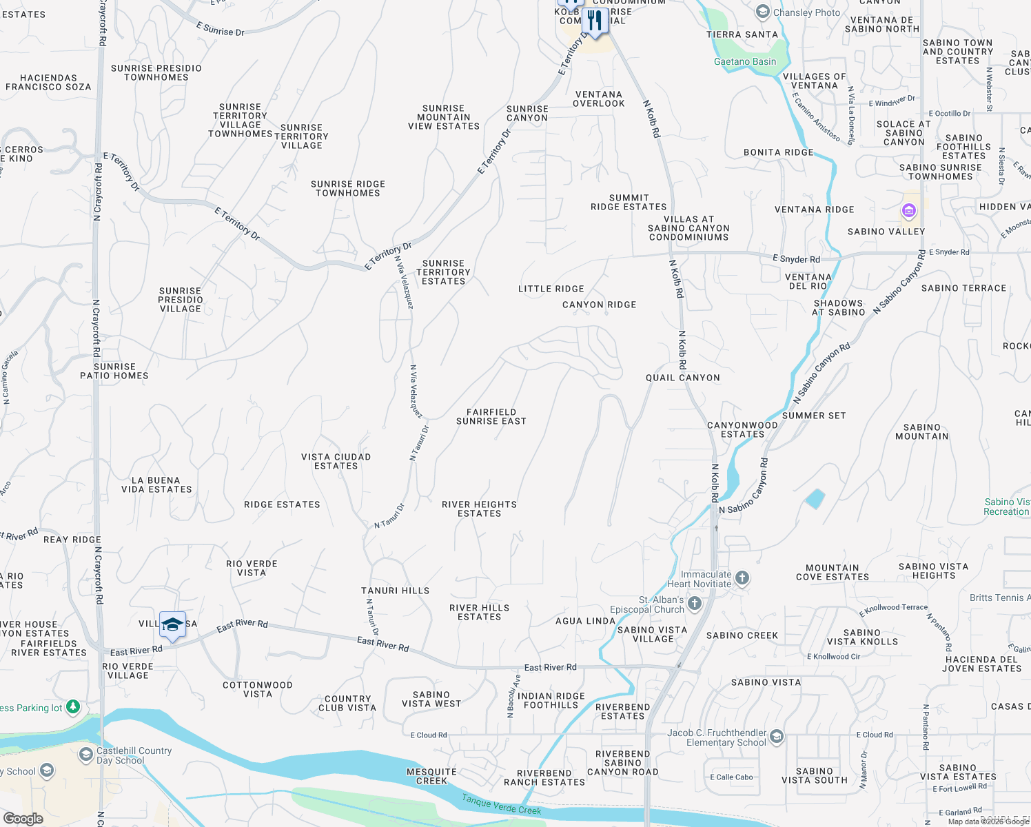 map of restaurants, bars, coffee shops, grocery stores, and more near 4331 North Vereda Rosada in Tucson
