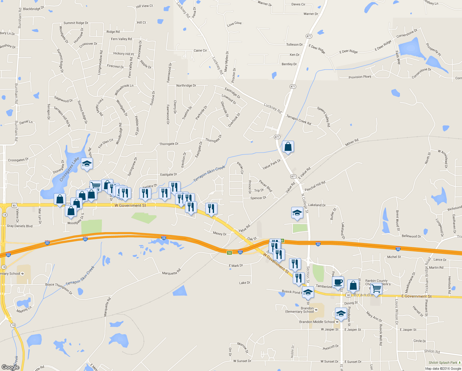 map of restaurants, bars, coffee shops, grocery stores, and more near 208 Post Oak St in Brandon