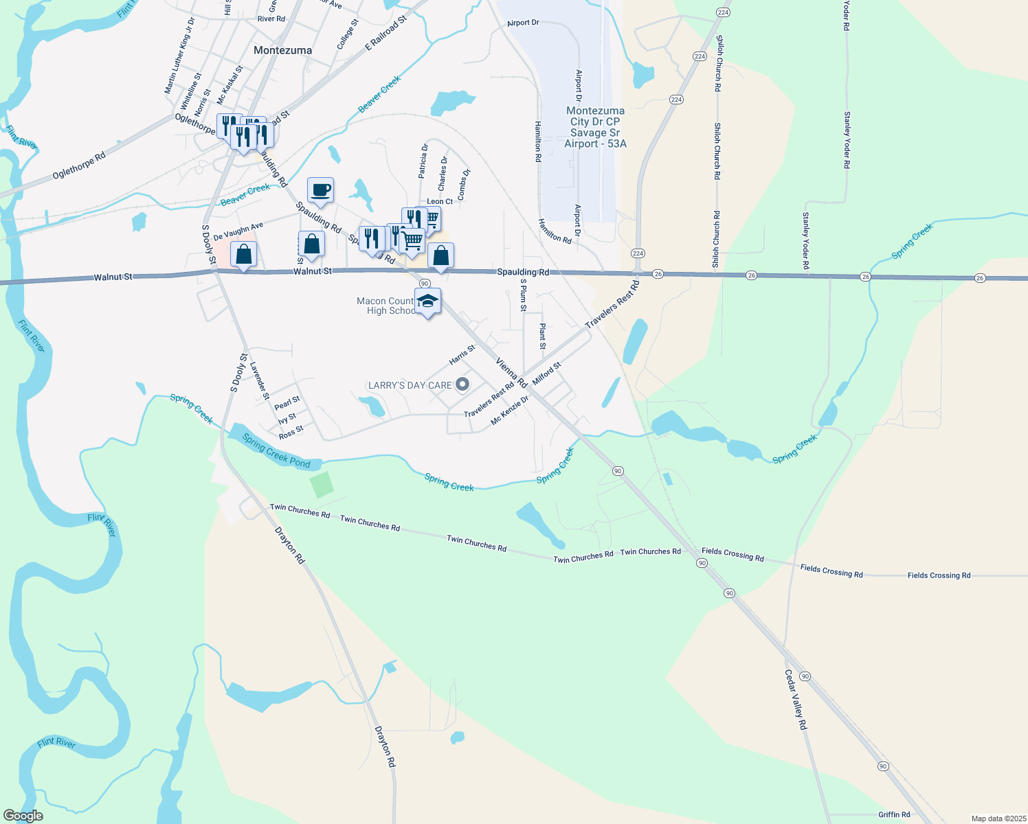 map of restaurants, bars, coffee shops, grocery stores, and more near 811 Lewis Street in Montezuma
