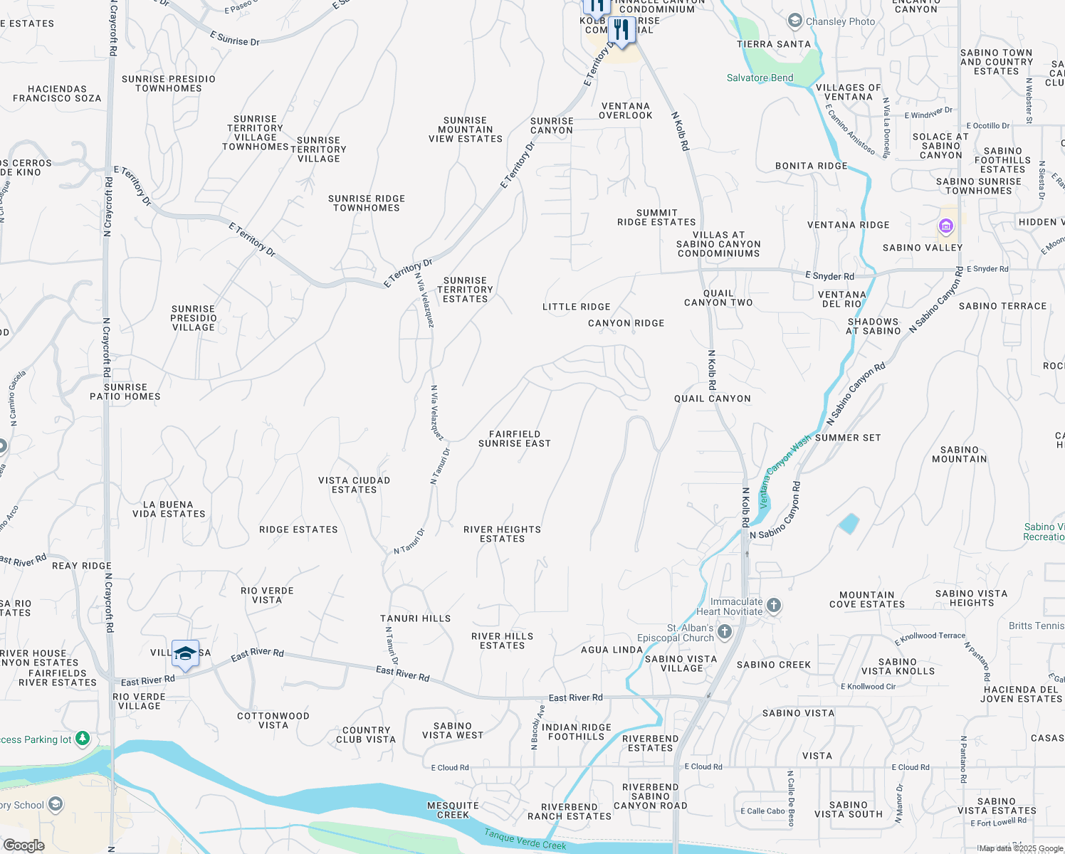 map of restaurants, bars, coffee shops, grocery stores, and more near 4361 North Vereda Rosada in Tucson