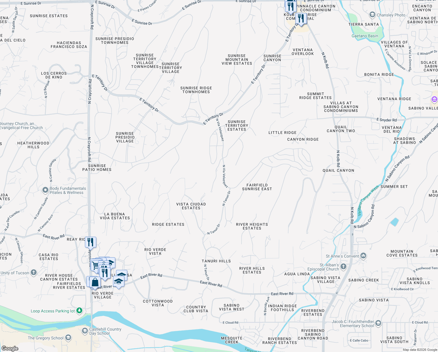map of restaurants, bars, coffee shops, grocery stores, and more near 6370 East Valle Di Cadore in Tucson