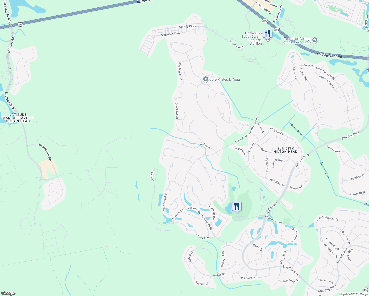 map of restaurants, bars, coffee shops, grocery stores, and more near 61 Redtail Dr in Bluffton