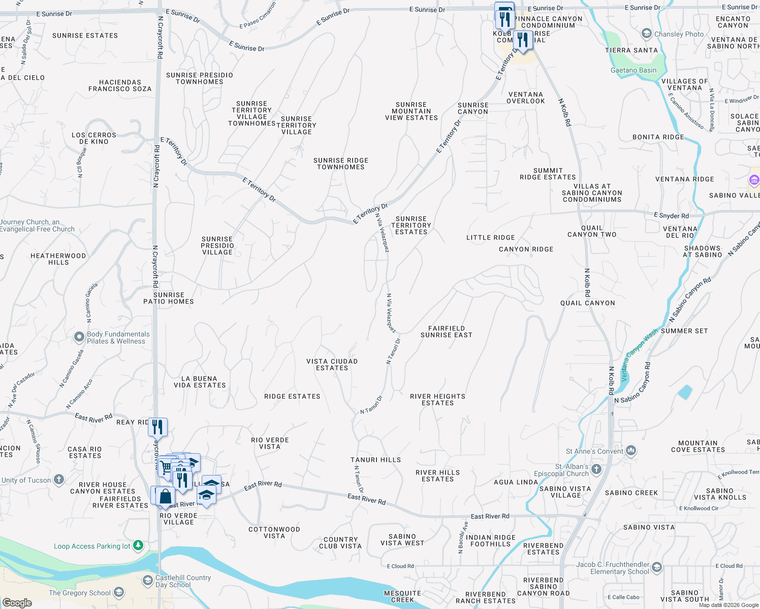 map of restaurants, bars, coffee shops, grocery stores, and more near 6370 East Valle Di Cadore in Tucson