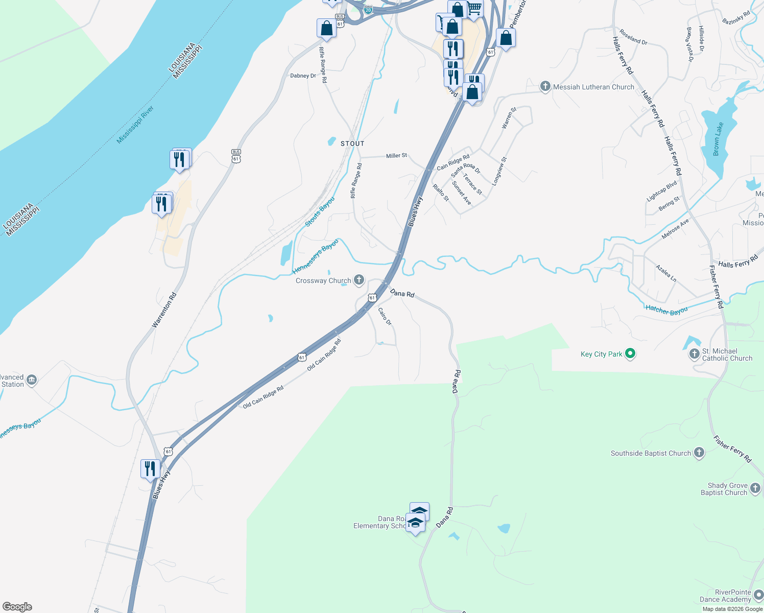 map of restaurants, bars, coffee shops, grocery stores, and more near 101 Cairo Drive in Vicksburg