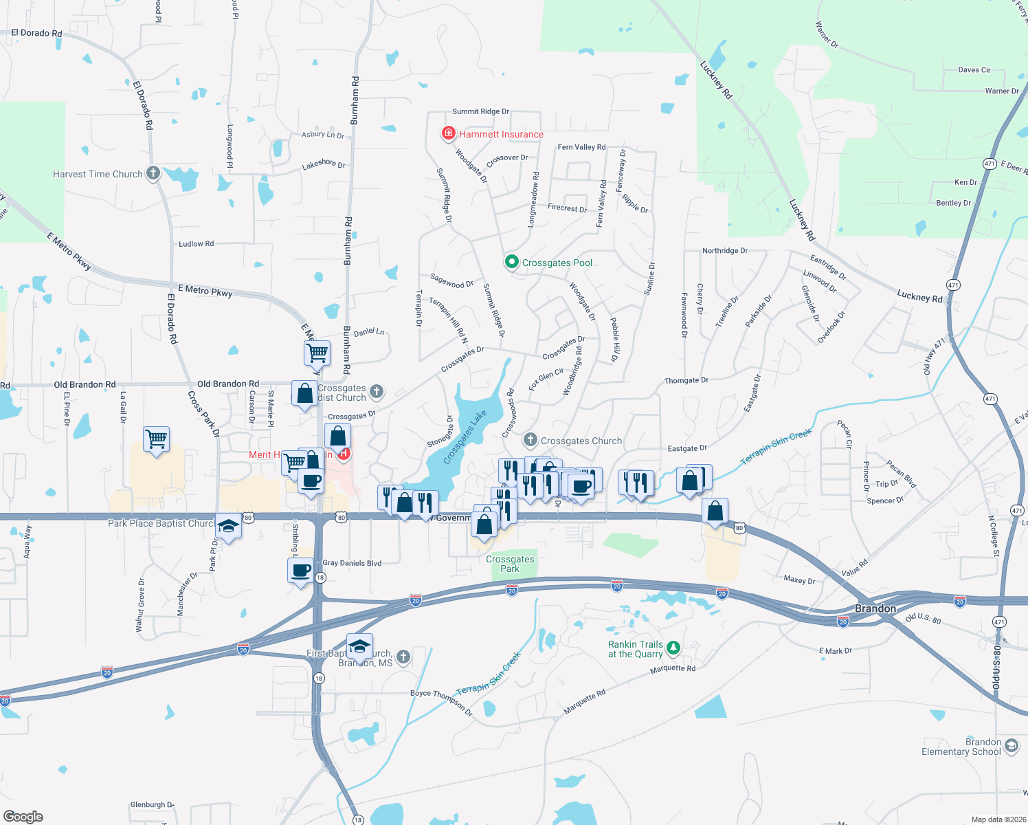 map of restaurants, bars, coffee shops, grocery stores, and more near Crosswoods Road in Brandon