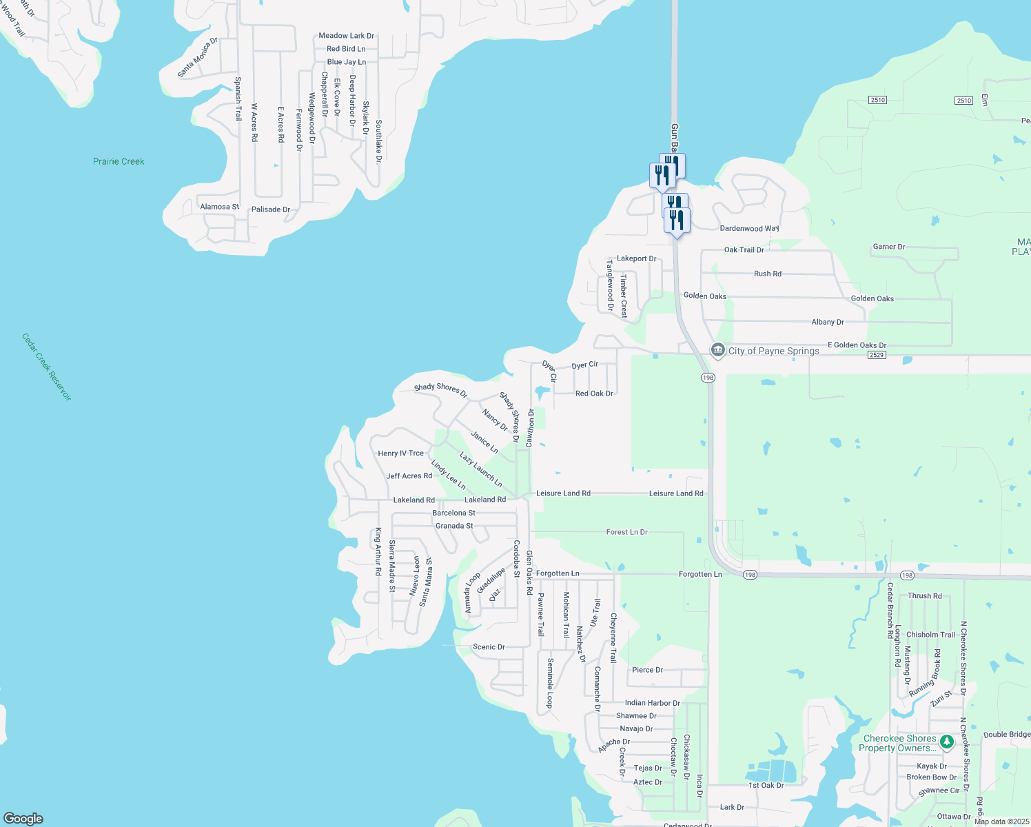 map of restaurants, bars, coffee shops, grocery stores, and more near 288 Shady Shores Dr in Mabank