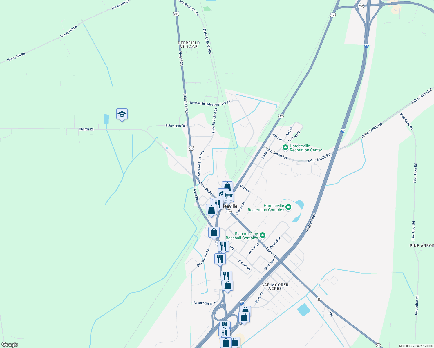 map of restaurants, bars, coffee shops, grocery stores, and more near Sanders Rd in Hardeeville