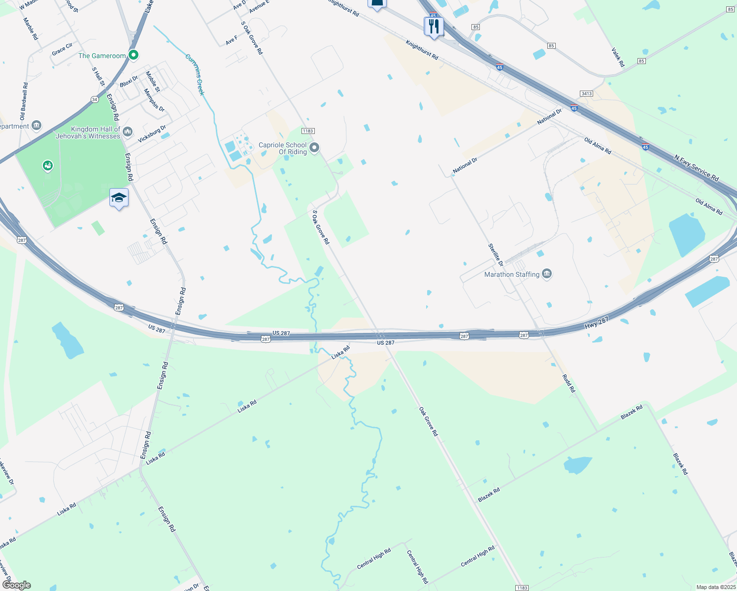 map of restaurants, bars, coffee shops, grocery stores, and more near 3534 Oak Grove Rd in Ennis