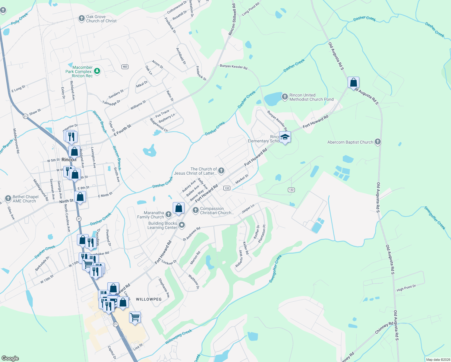 map of restaurants, bars, coffee shops, grocery stores, and more near 122 Tolliver Lane in Rincon