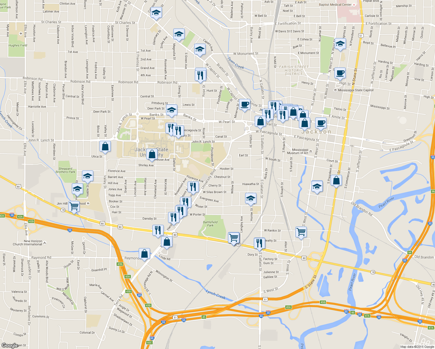 map of restaurants, bars, coffee shops, grocery stores, and more near 724 Chestnut Street in Jackson