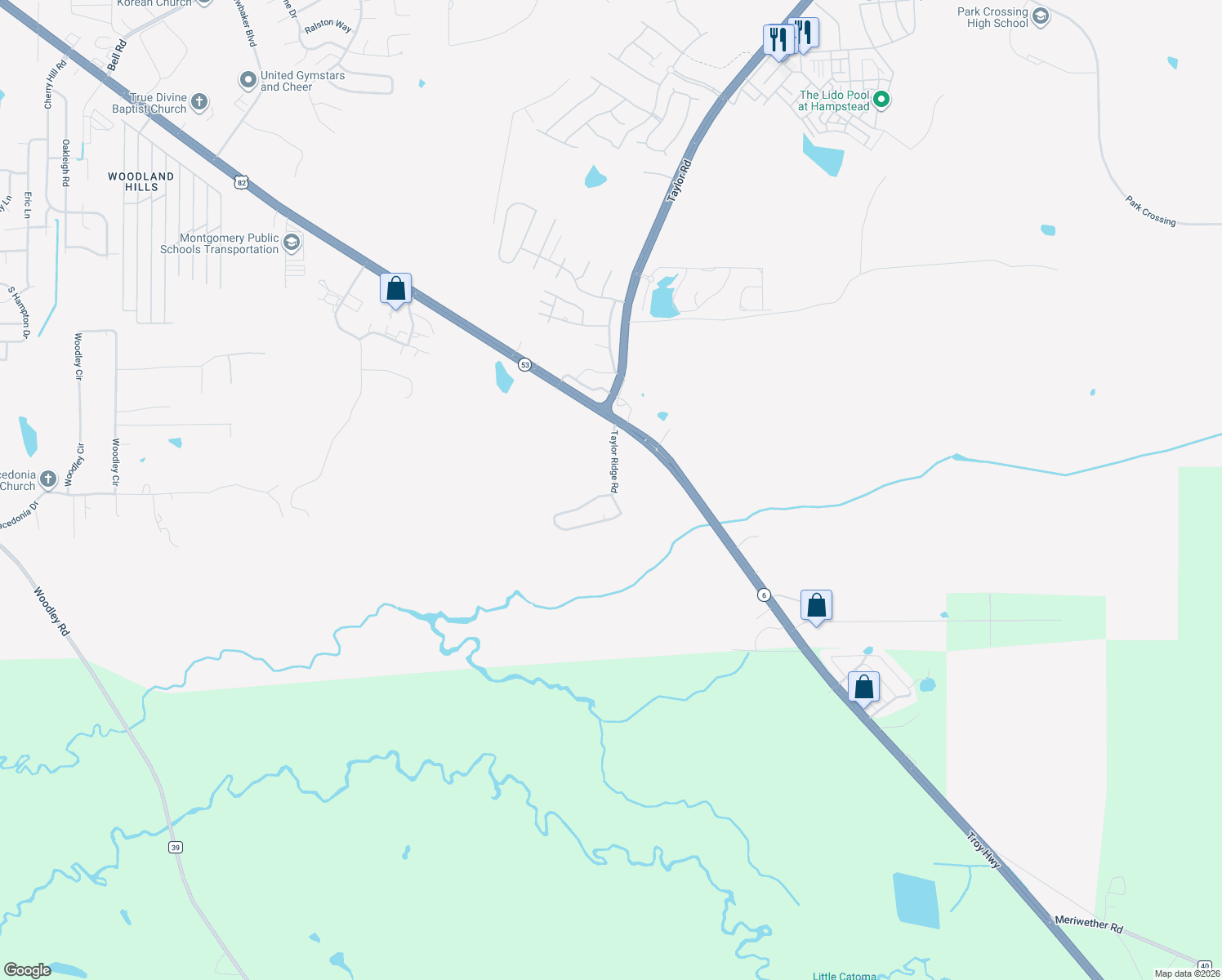map of restaurants, bars, coffee shops, grocery stores, and more near 6206 Taylor Ridge Road in Montgomery