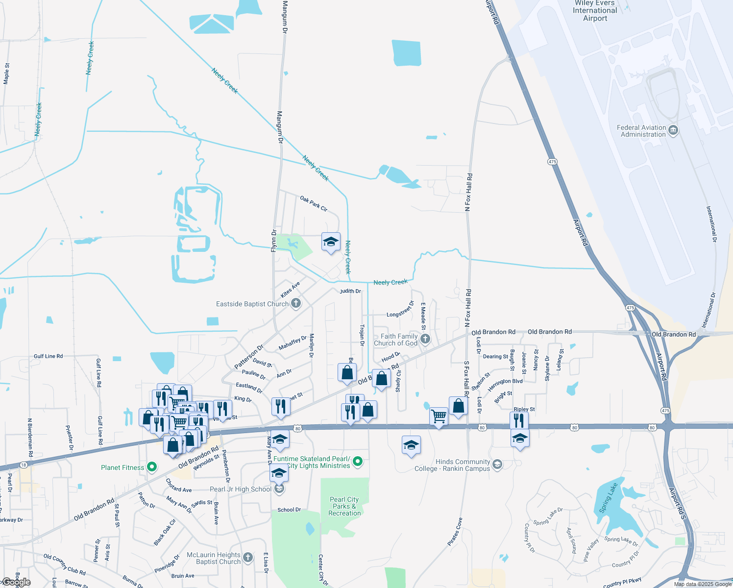 map of restaurants, bars, coffee shops, grocery stores, and more near 280 Trojan Drive in Pearl