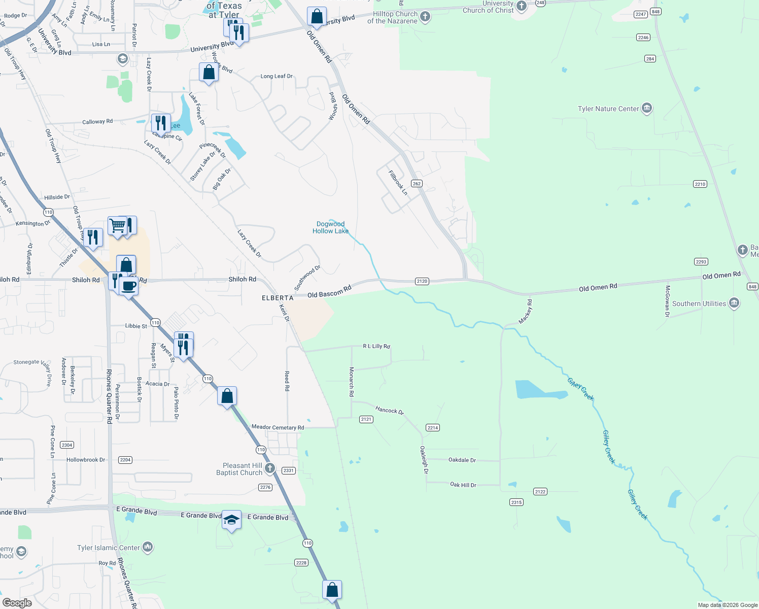 map of restaurants, bars, coffee shops, grocery stores, and more near 9150 County Road 2120 in Tyler