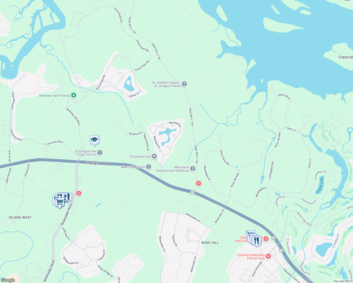 map of restaurants, bars, coffee shops, grocery stores, and more near 121 Muirfield Drive in Bluffton