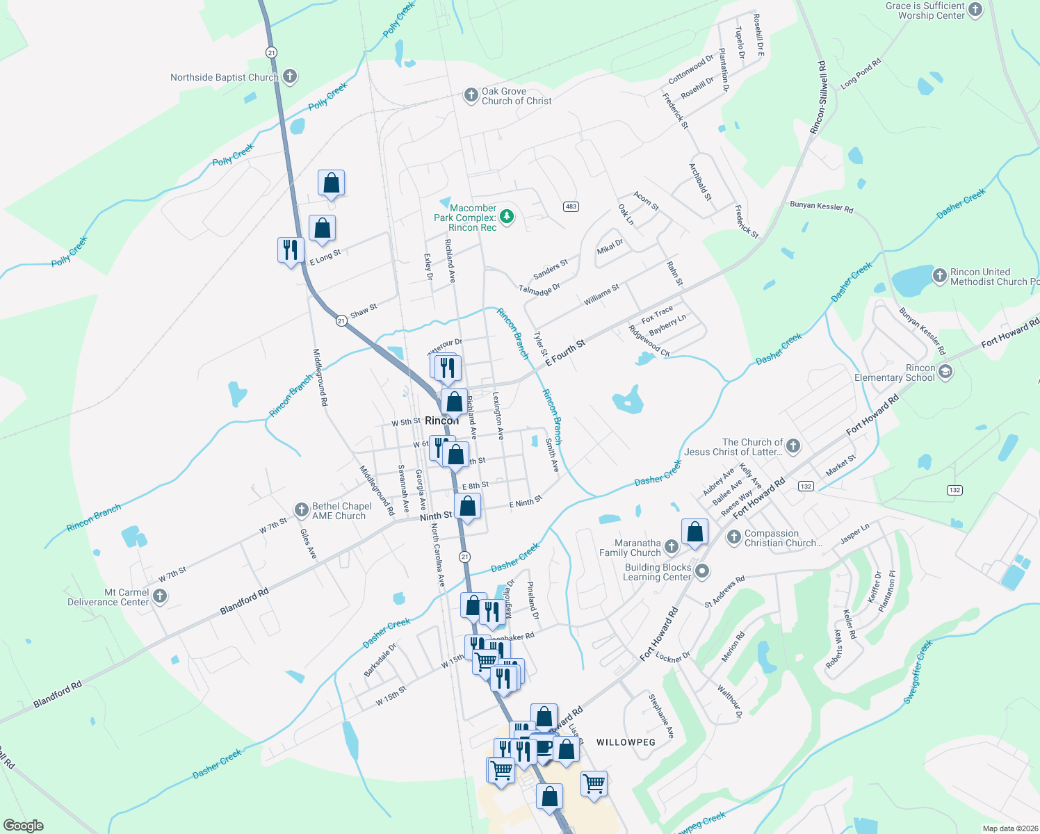 map of restaurants, bars, coffee shops, grocery stores, and more near 307 East 5th Street in Rincon