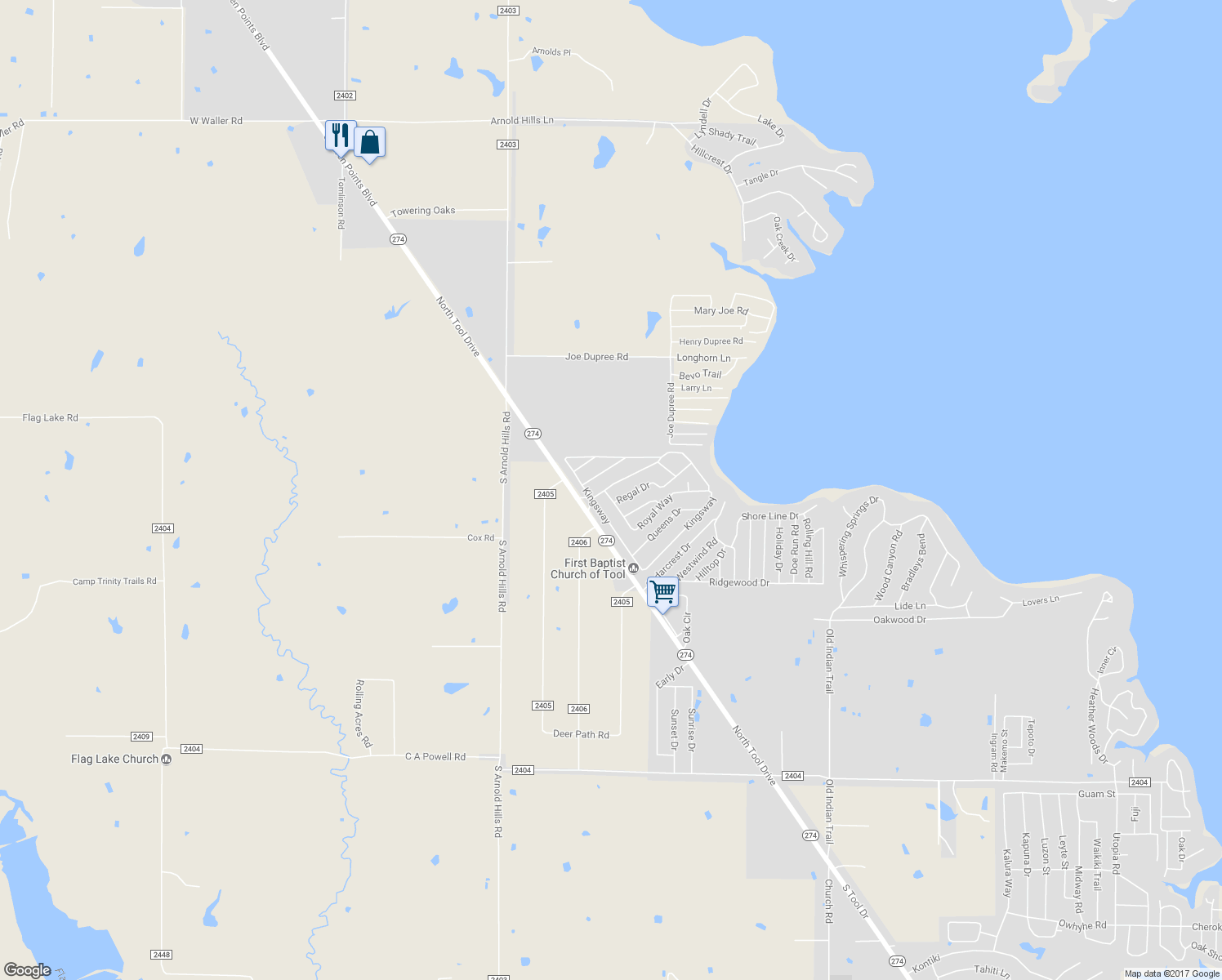map of restaurants, bars, coffee shops, grocery stores, and more near 809 Royal Way in Tool