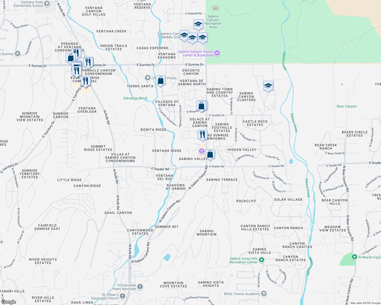 map of restaurants, bars, coffee shops, grocery stores, and more near 4902 North Sabino Gulch Court in Tucson